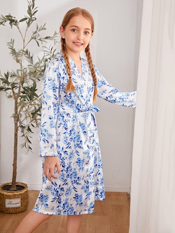SHEIN Girls Satin Floral Belted Robe K3B - PINK SHOP EG