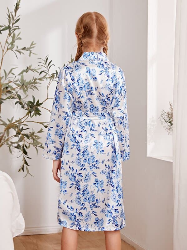 SHEIN Girls Satin Floral Belted Robe K3B - PINK SHOP EG