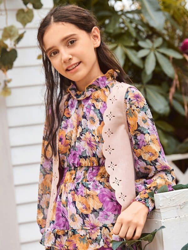 SHEIN Girls Scallop Edge Laser Cut Suede Vest K5A - PINK SHOP EG