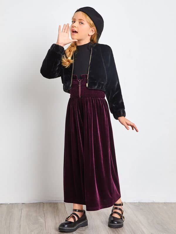 SHEIN Girls Shirred Waist Wide Leg Velvet Pants F1A - PINK SHOP EG