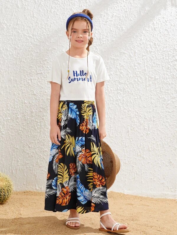SHEIN Girls Slogan Graphic Tee & Tropical Print Skirt K2A - PINK SHOP EG