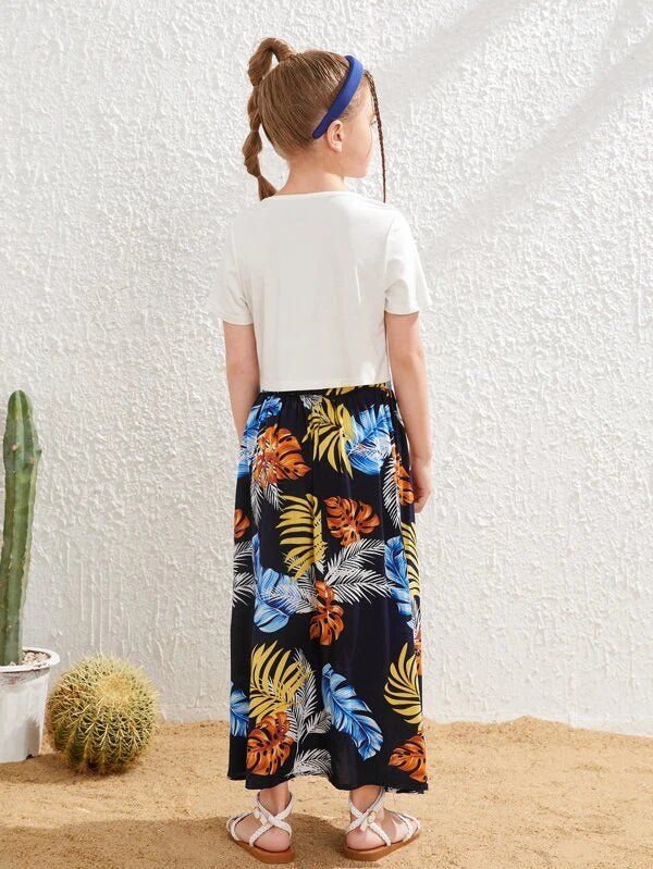 SHEIN Girls Slogan Graphic Tee & Tropical Print Skirt K2A - PINK SHOP EG