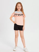SHEIN Girls Striped Letter Graphic Ruffle Detail Tee K4B - PINK SHOP EG
