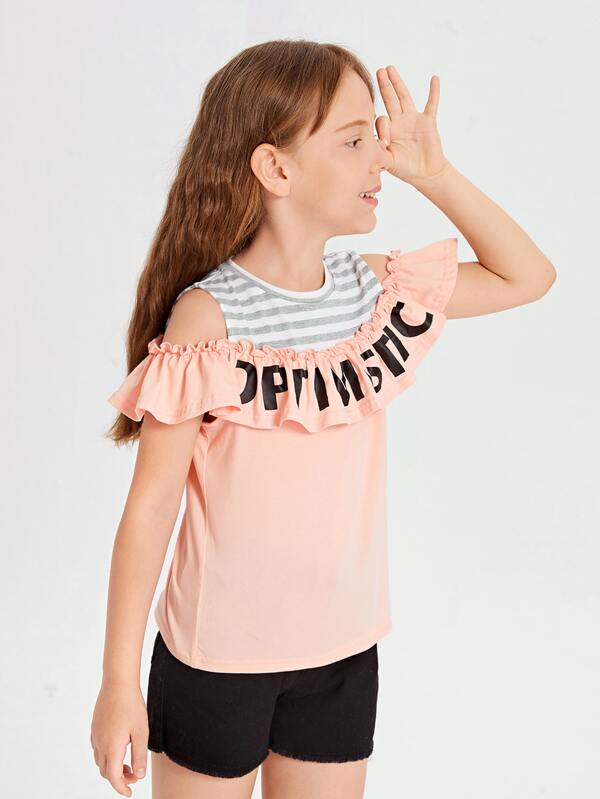 SHEIN Girls Striped Letter Graphic Ruffle Detail Tee K4B - PINK SHOP EG