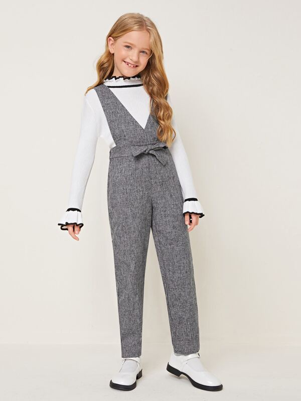 SHEIN Girls Surplice Neck Belted Linen Look Overall Jumpsuit K6C - PINK SHOP EG