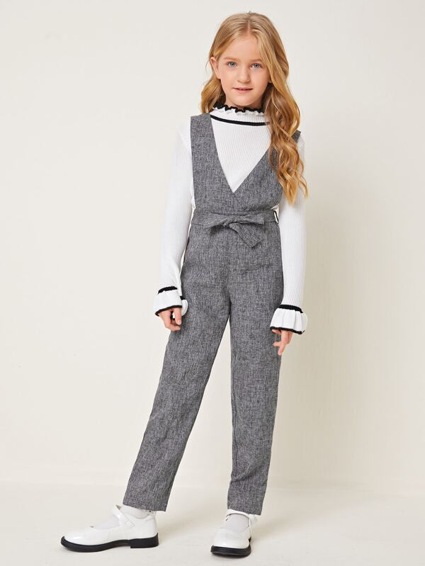 SHEIN Girls Surplice Neck Belted Linen Look Overall Jumpsuit K6C - PINK SHOP EG