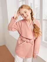 SHEIN Girls Waterfall Collar Belted Overcoat K6A - PINK SHOP EG