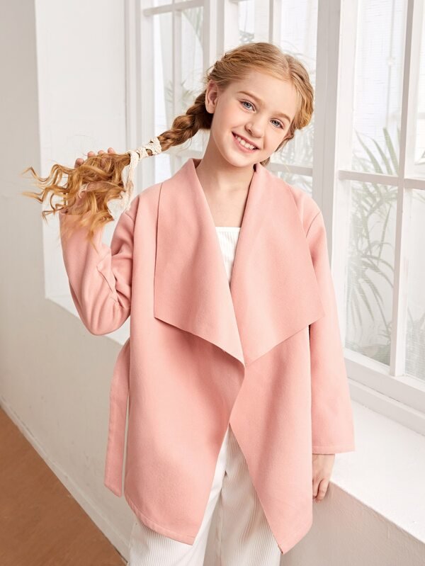 SHEIN Girls Waterfall Collar Belted Overcoat K6A - PINK SHOP EG