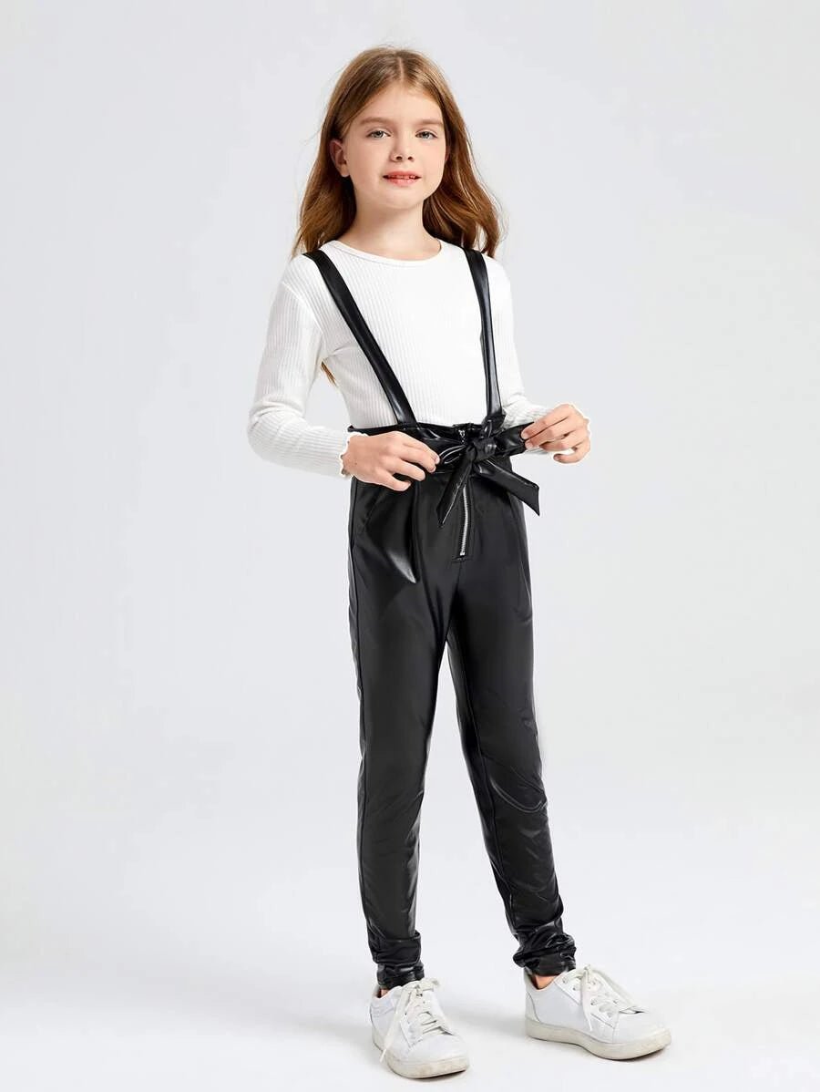 SHEIN Girls Zip Front Belted Patent Suspender Jumpsuit K5A - PINK SHOP EG