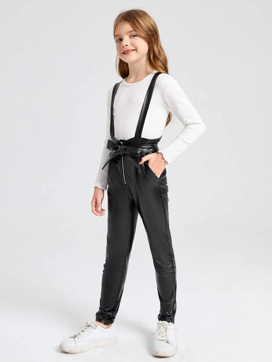SHEIN Girls Zip Front Belted Patent Suspender Jumpsuit K5A - PINK SHOP EG