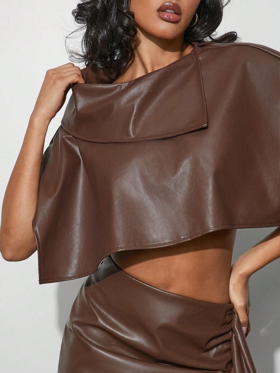 SHEIN Haute Solid Asymmetric Collar PU Poncho Top A4A - PINK SHOP EG