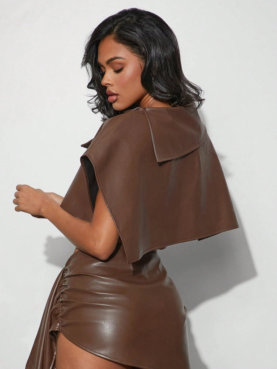 SHEIN Haute Solid Asymmetric Collar PU Poncho Top A4A - PINK SHOP EG