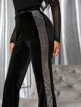 SHEIN High Waist Contrast Sequin Velvet Flare Leg Pants D1C - PINK SHOP EG