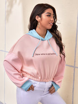SHEIN Hoodie Plus Colorblock Slogan Graphic Drawstring F4A - PINK SHOP EG