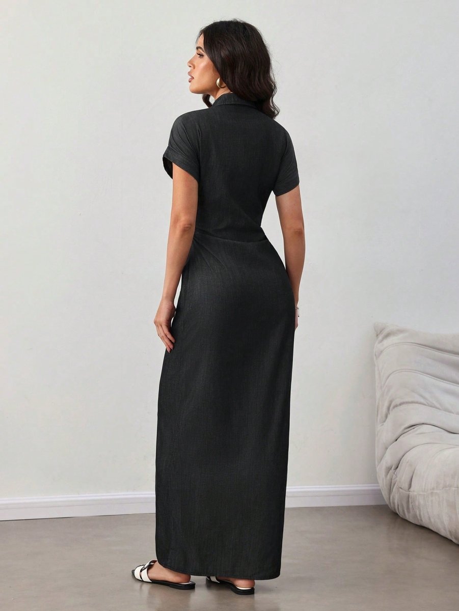 SHEIN Lady Women's Summer Short Sleeve Single - Breasted Slim Casual Denim Dress - PINK SHOP EG