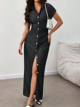 SHEIN Lady Women's Summer Short Sleeve Single - Breasted Slim Casual Denim Dress - PINK SHOP EG