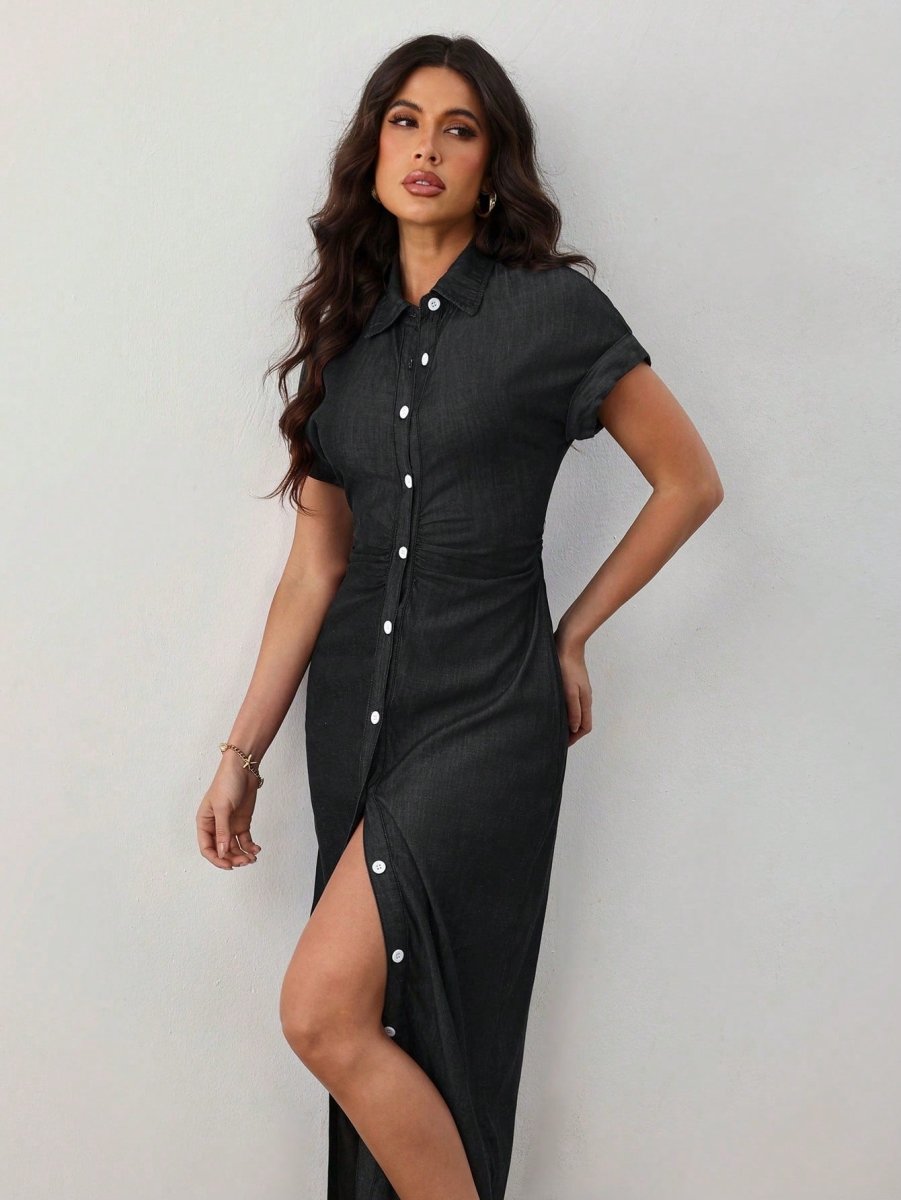 SHEIN Lady Women's Summer Short Sleeve Single - Breasted Slim Casual Denim Dress - PINK SHOP EG