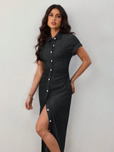 SHEIN Lady Women's Summer Short Sleeve Single - Breasted Slim Casual Denim Dress - PINK SHOP EG