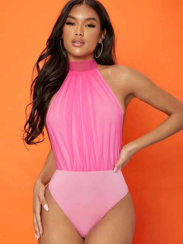 SHEIN Mock Neck Tie Backless Mesh Panel Bodysuit A3C - PINK SHOP EG