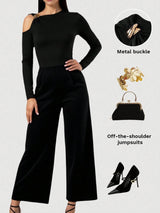 SHEIN MOD Metal Buckle Asymmetric Long Sleeve & Leg Elegant Women Jumpsuit - PINK SHOP EG