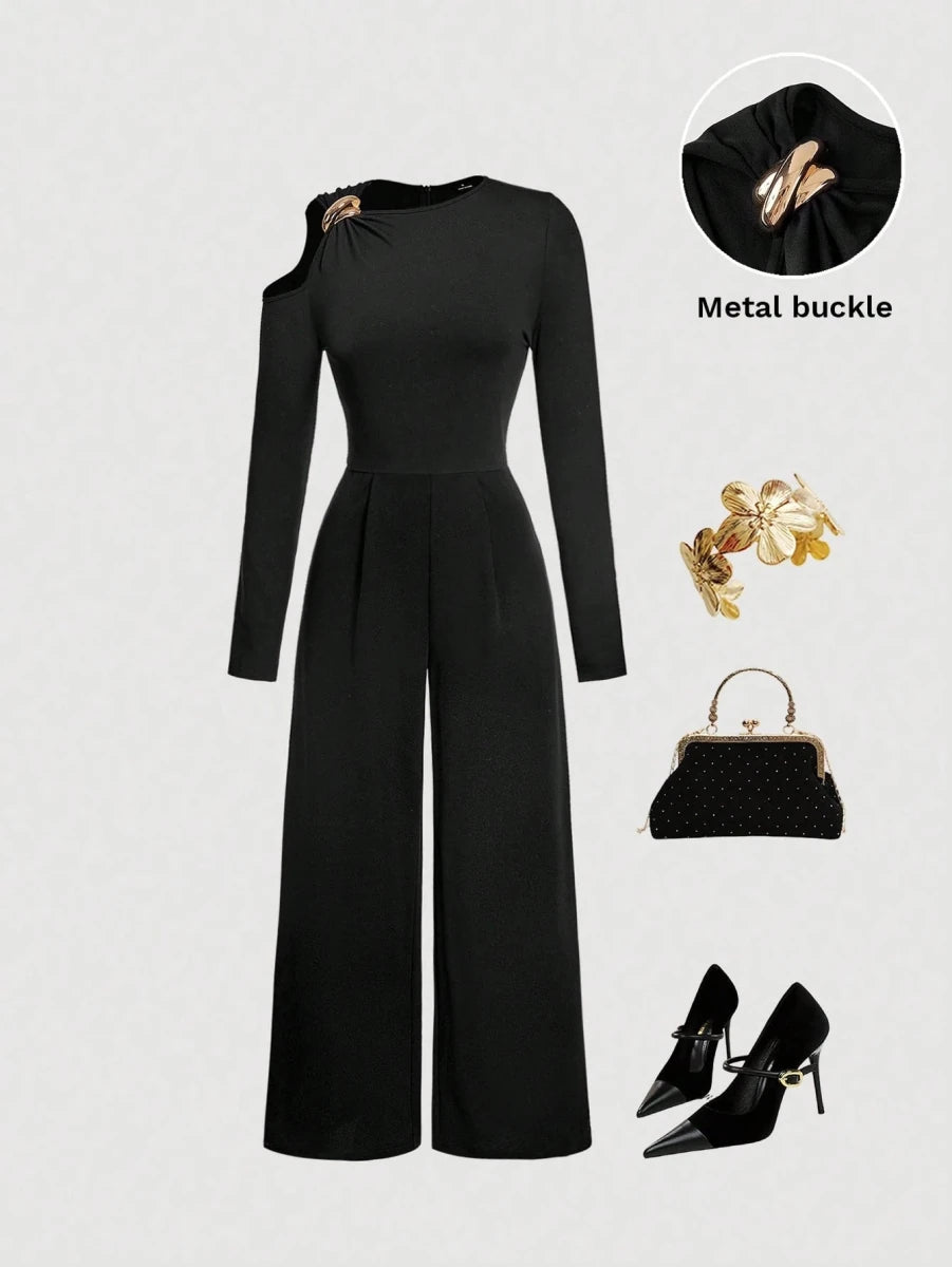 SHEIN MOD Metal Buckle Asymmetric Long Sleeve & Leg Elegant Women Jumpsuit - PINK SHOP EG