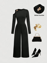 SHEIN MOD Metal Buckle Asymmetric Long Sleeve & Leg Elegant Women Jumpsuit - PINK SHOP EG