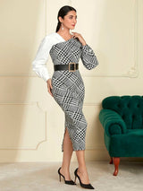 SHEIN Modely Houndstooth Print Split Back Bodycon Dress C6B - PINK SHOP EG