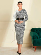 SHEIN Modely Houndstooth Print Split Back Bodycon Dress C6B - PINK SHOP EG