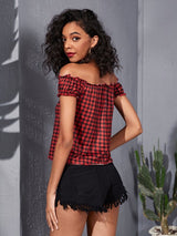 Shein Off - shoulder Frill Trim Gingham Tee A1A - PINK SHOP EG