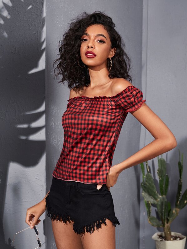 Shein Off - shoulder Frill Trim Gingham Tee A1A - PINK SHOP EG