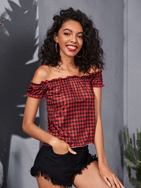 Shein Off - shoulder Frill Trim Gingham Tee A1A - PINK SHOP EG