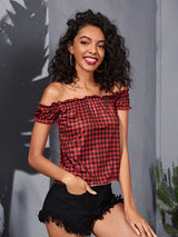 Shein Off - shoulder Frill Trim Gingham Tee A1A - PINK SHOP EG