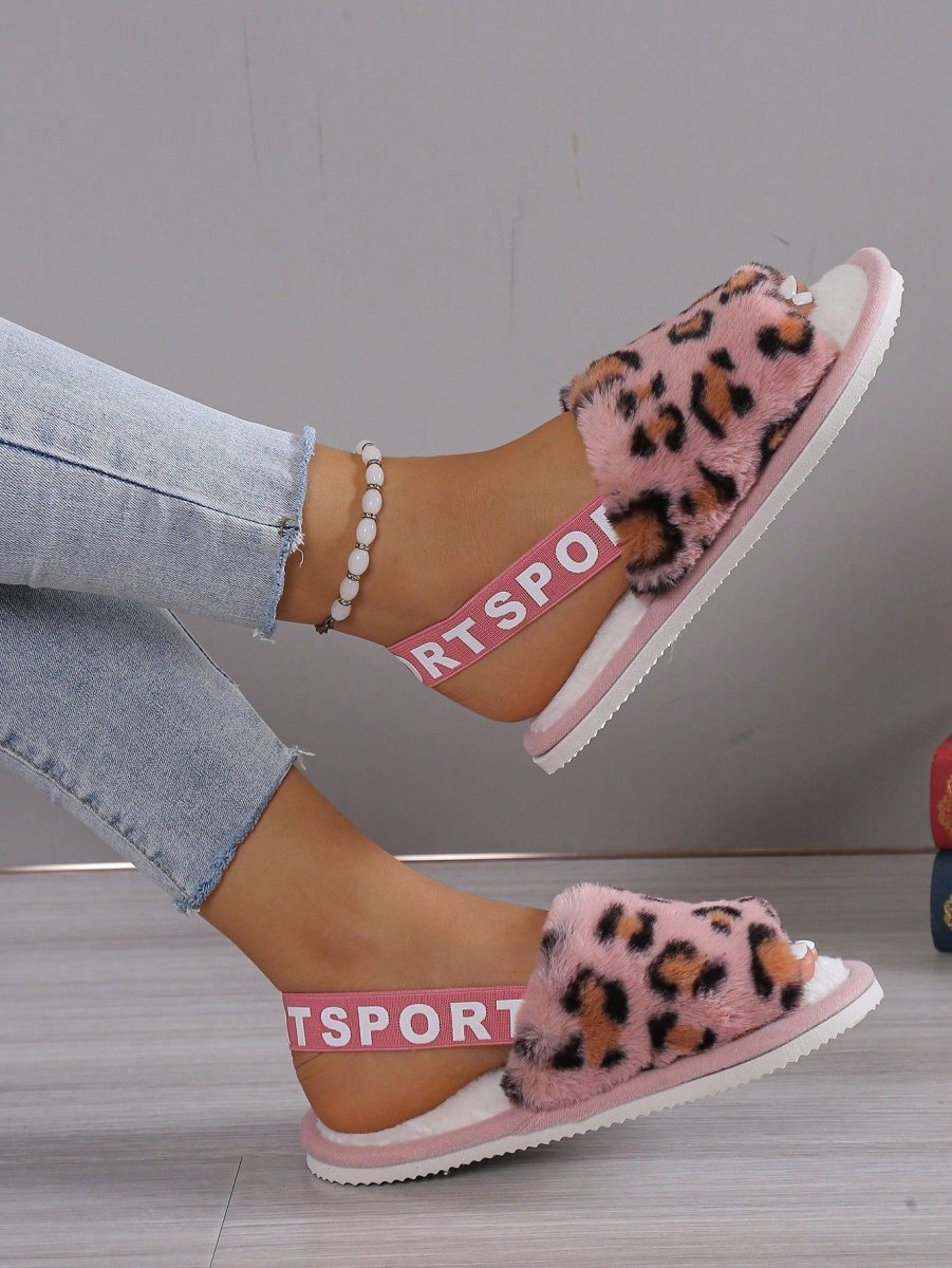 SHEIN Open Toe Leopard Plush Slippers I5 - PINK SHOP EG