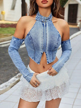 SHEIN PETITE Women's Denim Halter Neck A6A - PINK SHOP EG