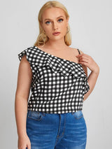 Shein Plus Asymmetric Neck Gingham Ruffle Trim Top F2A - PINK SHOP EG