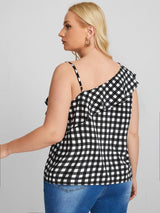 Shein Plus Asymmetric Neck Gingham Ruffle Trim Top F2A - PINK SHOP EG