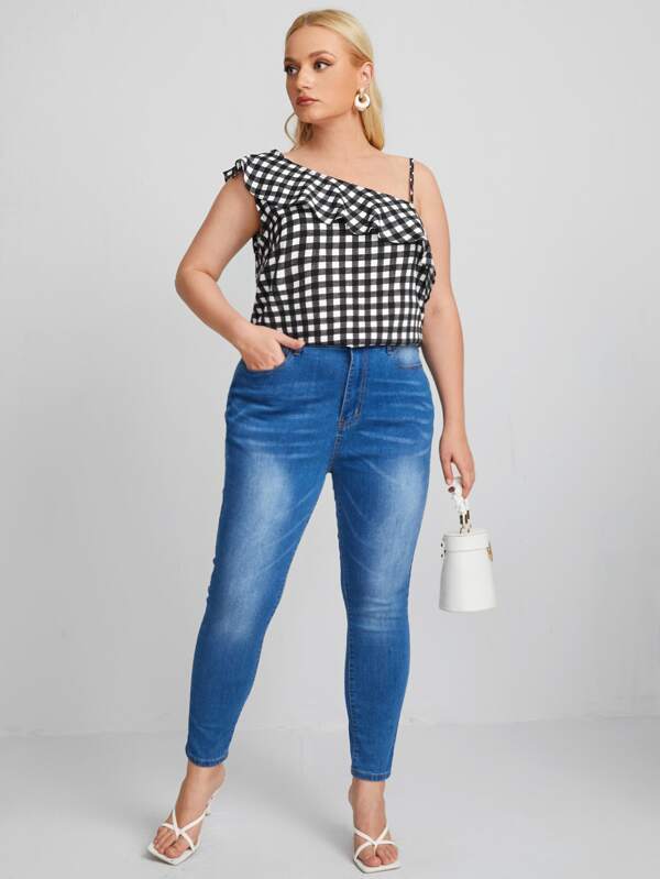 Shein Plus Asymmetric Neck Gingham Ruffle Trim Top F2A - PINK SHOP EG