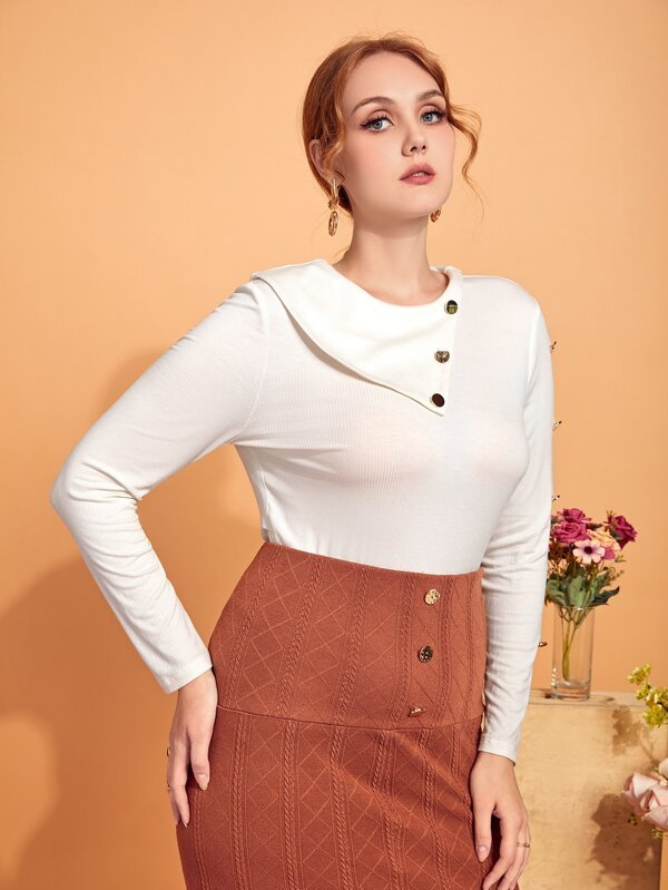 SHEIN Plus Button Detail Asymmetrical Neck Tee F3A - PINK SHOP EG