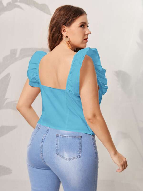 Shein Plus Button Front Knot Hem Ruffle Trim Blouse F2C - PINK SHOP EG