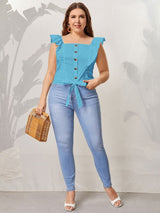 Shein Plus Button Front Knot Hem Ruffle Trim Blouse F2C - PINK SHOP EG