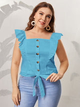 Shein Plus Button Front Knot Hem Ruffle Trim Blouse F2C - PINK SHOP EG