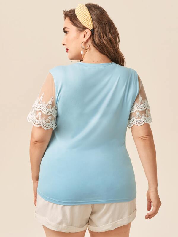 Shein Plus Contrast Lace Sleeve Tee F3C - PINK SHOP EG