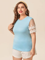 Shein Plus Contrast Lace Sleeve Tee F3C - PINK SHOP EG