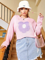 Shein Plus Floral Pattern Drop Shoulder Sweater F2B - PINK SHOP EG