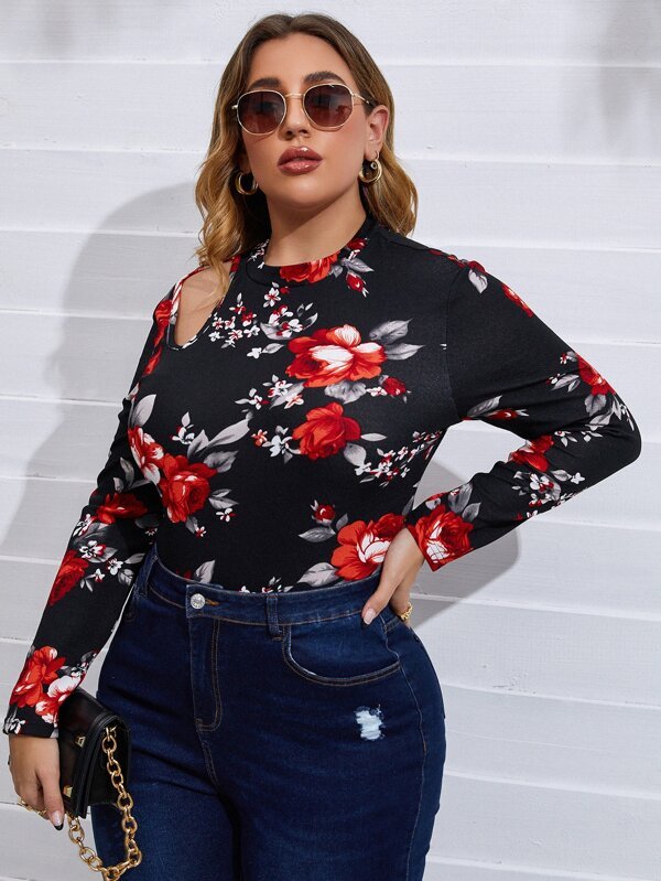 Shein Plus Floral Print Cut Out Bodysuit F2B - PINK SHOP EG