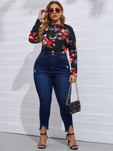 Shein Plus Floral Print Cut Out Bodysuit F2B - PINK SHOP EG