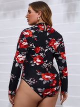 Shein Plus Floral Print Cut Out Bodysuit F2B - PINK SHOP EG