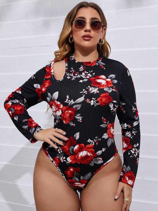 Shein Plus Floral Print Cut Out Bodysuit F2B - PINK SHOP EG