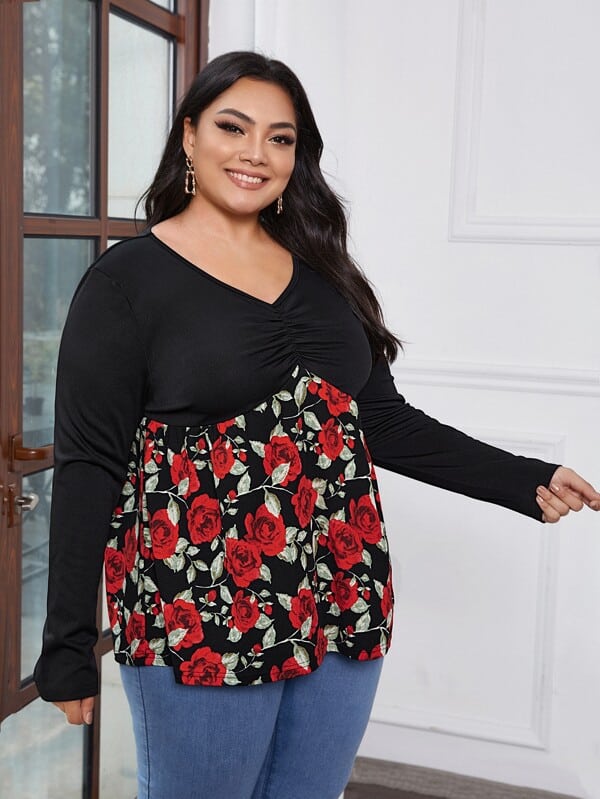 Shein Plus Floral Ruched Front Babydoll Tee F2C - PINK SHOP EG