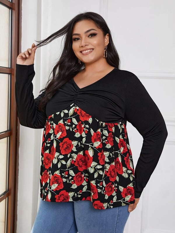 Shein Plus Floral Ruched Front Babydoll Tee F2C - PINK SHOP EG
